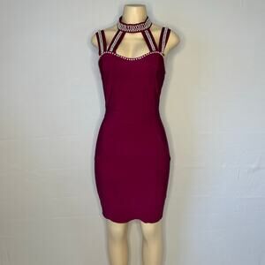 12th Heart Burgundy Bodycon Dress Pearl Rhinestone Halter Choker Sz 4
Y2K style